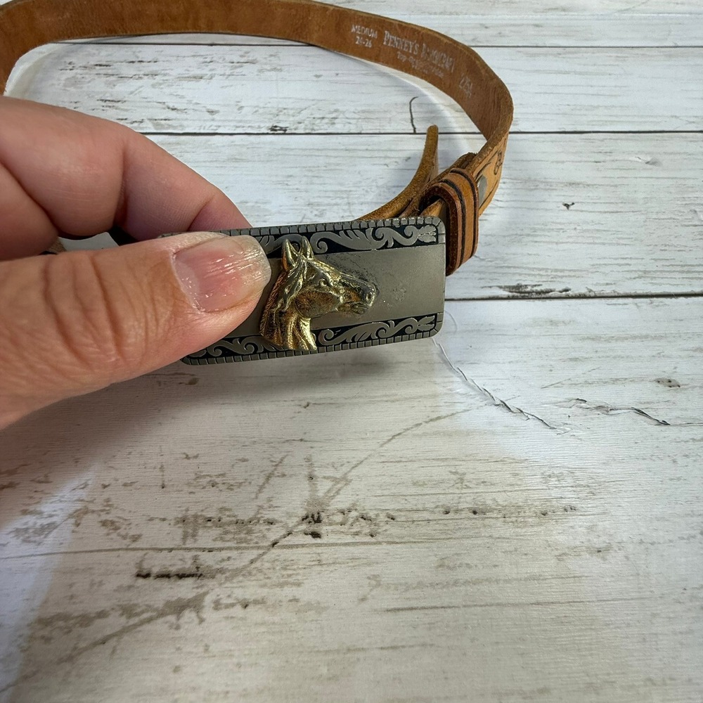 Vintage Penneys Ranchcraft Tooled Leather Belt Horse Head Buckle Tan 24-26‎ 2254
